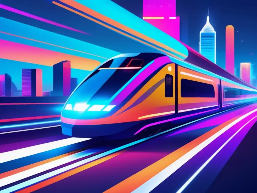 Impacto tecnología digital, tren de alta velocidad en ciudad futurista con rascacielos iluminados y elementos digitales