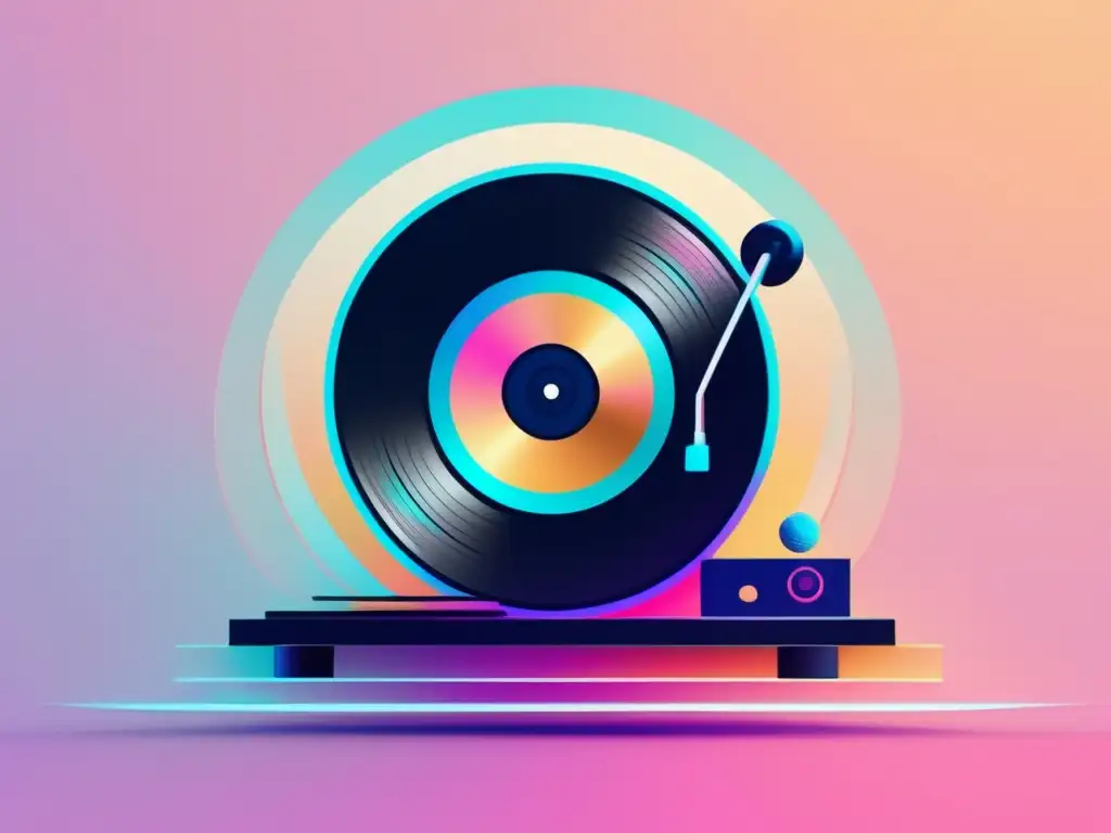 Tecnología musical y difusión mediática: Un vinilo abstracto con patrones geométricos y colores vibrantes en un tocadiscos