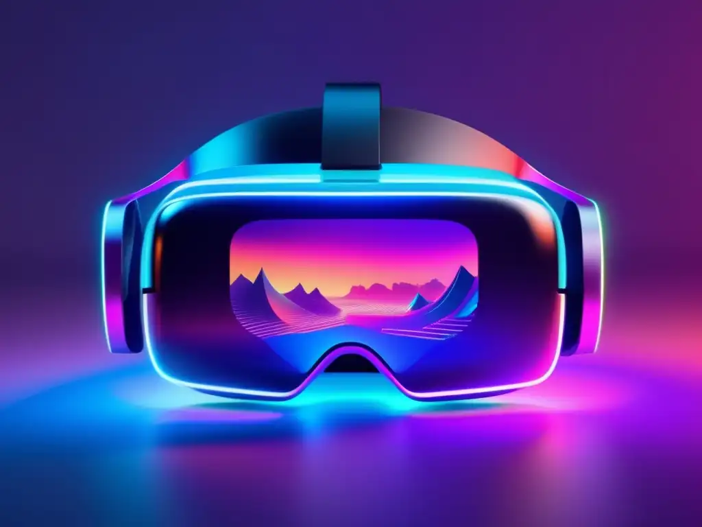 Evolución videojuegos en era digital: VR headset futurista con diseño minimalista, luces neón vibrantes, paisajes futuristas y colores dinámicos