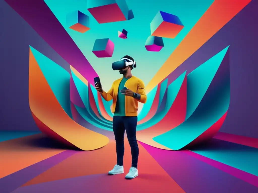 Beneficios realidad virtual y aumentada: fusión virtual y real, colores vibrantes y formas geométricas en imagen abstracta