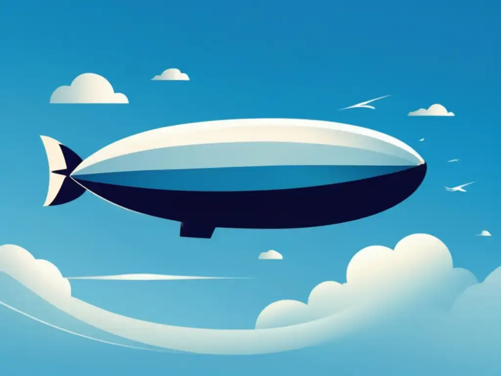 Innovaciones tecnológicas en la aviación: Zeppelin minimalista flotando en el cielo azul con nubes y formas geométricas