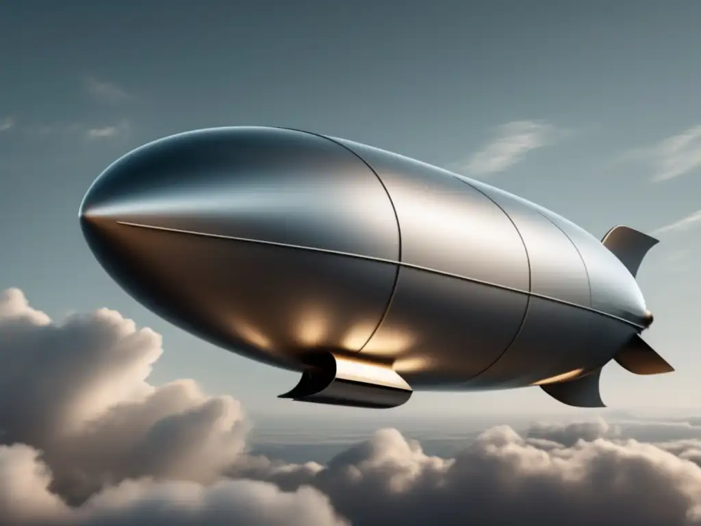 Innovaciones tecnológicas en la aviación: Zeppelin futurista flotando en el cielo, con estructura elegante y propulsión innovadora